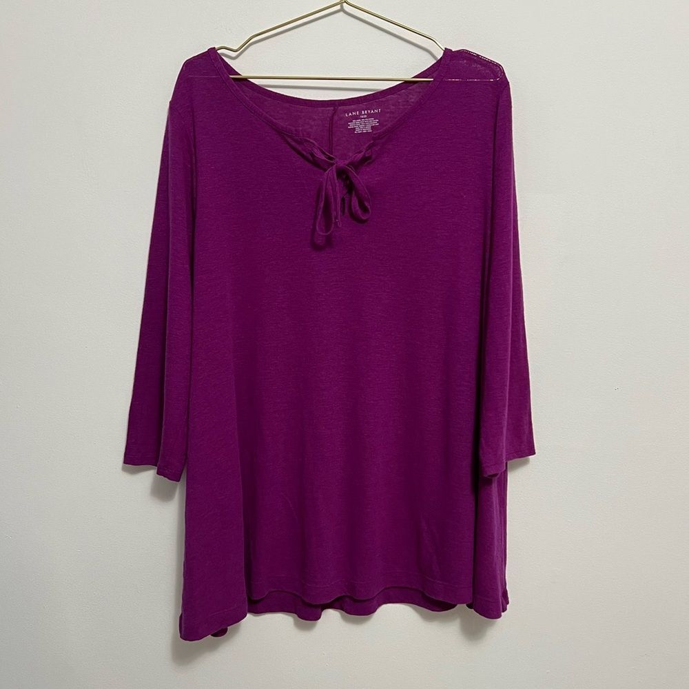 Lane Bryant Womens Blouse Size 18/20 Purple 3/4 Sleeve Lace Up Linen Blend Tunic